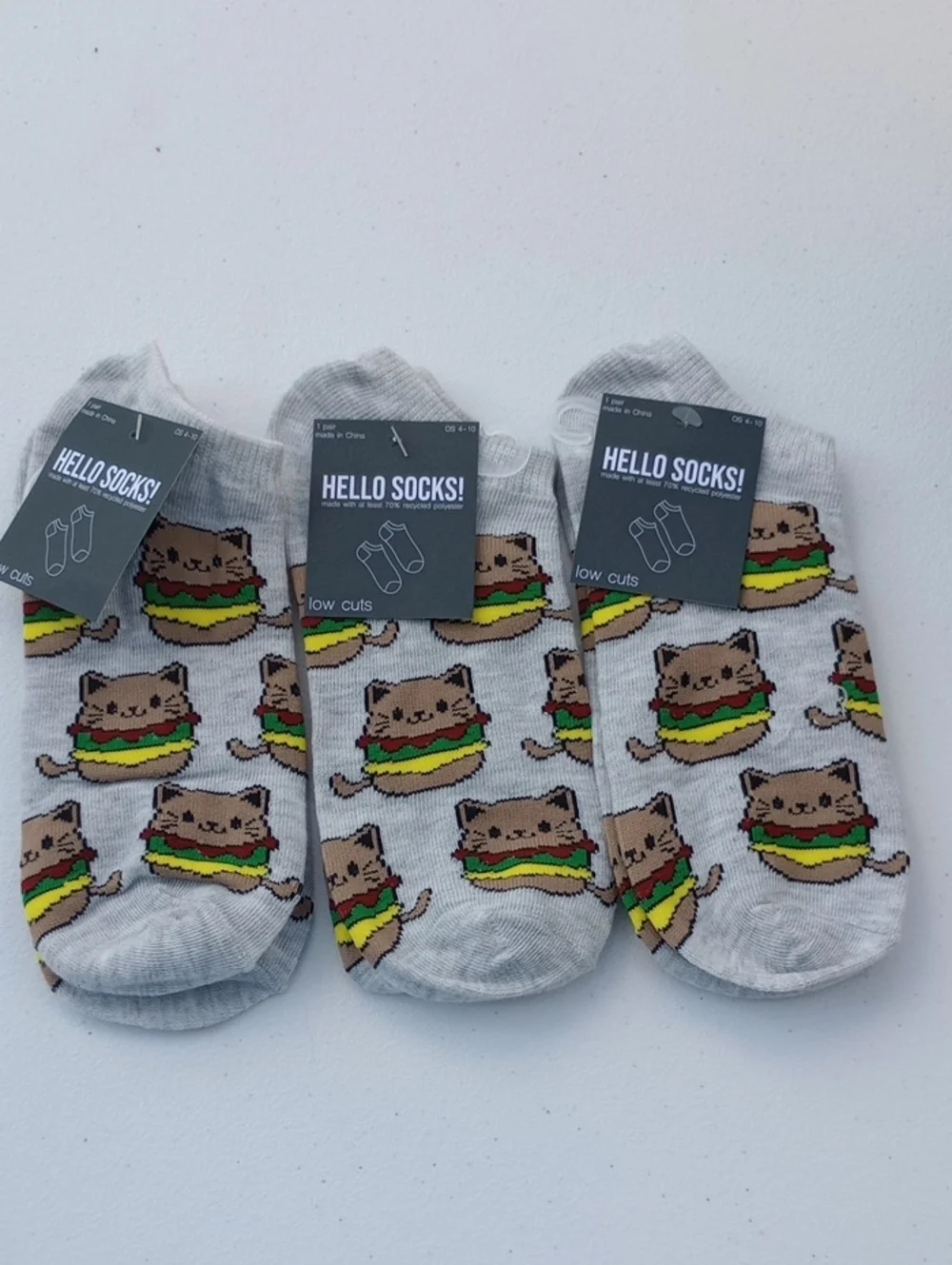Women’s Low-Cut Gray Novelty Cat Cheeseburger Socks - 3 Pack Hello Socks